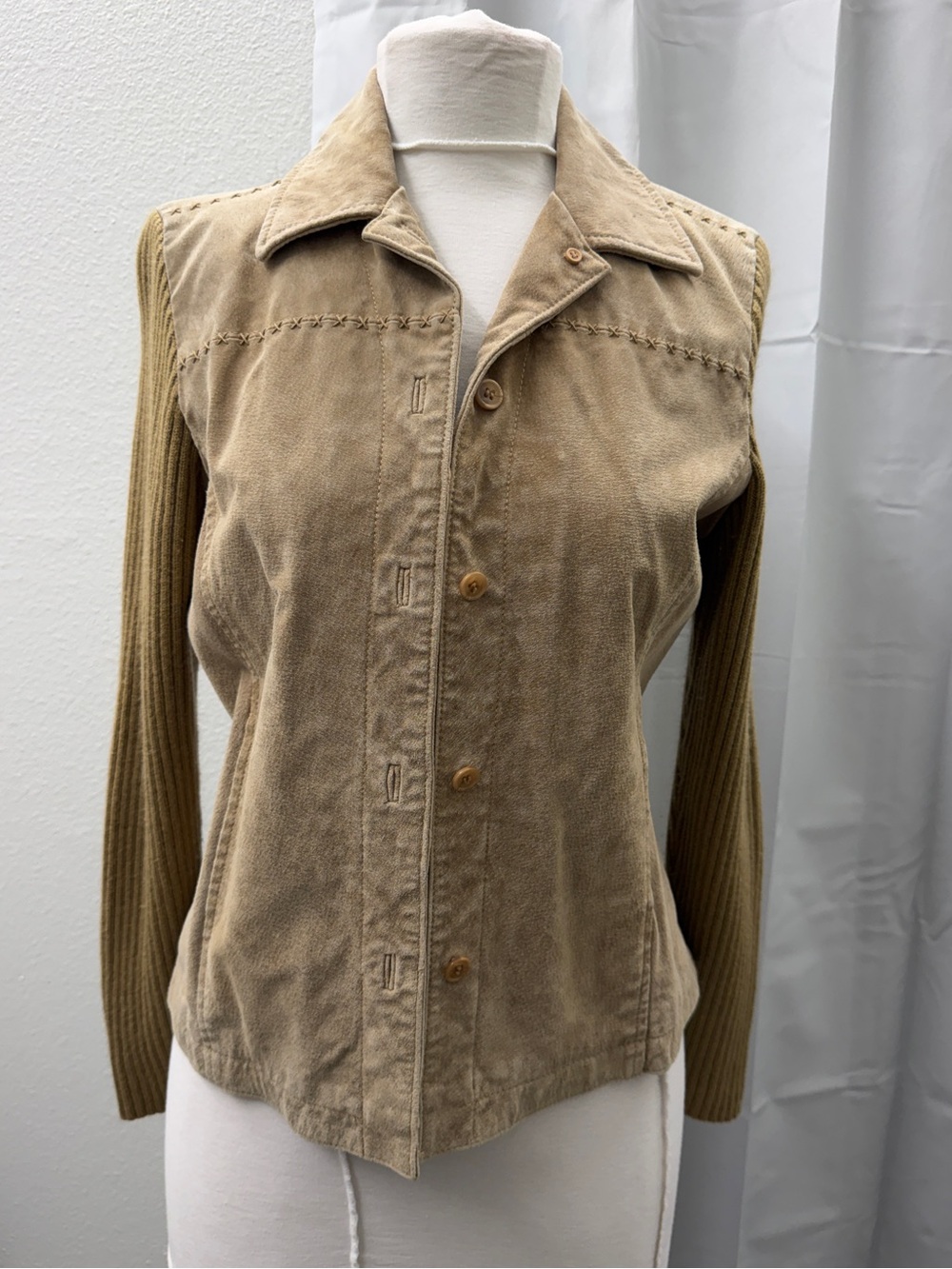 Live a Little Tan Button-Front Leather Jacket with Ribbed Sleeves